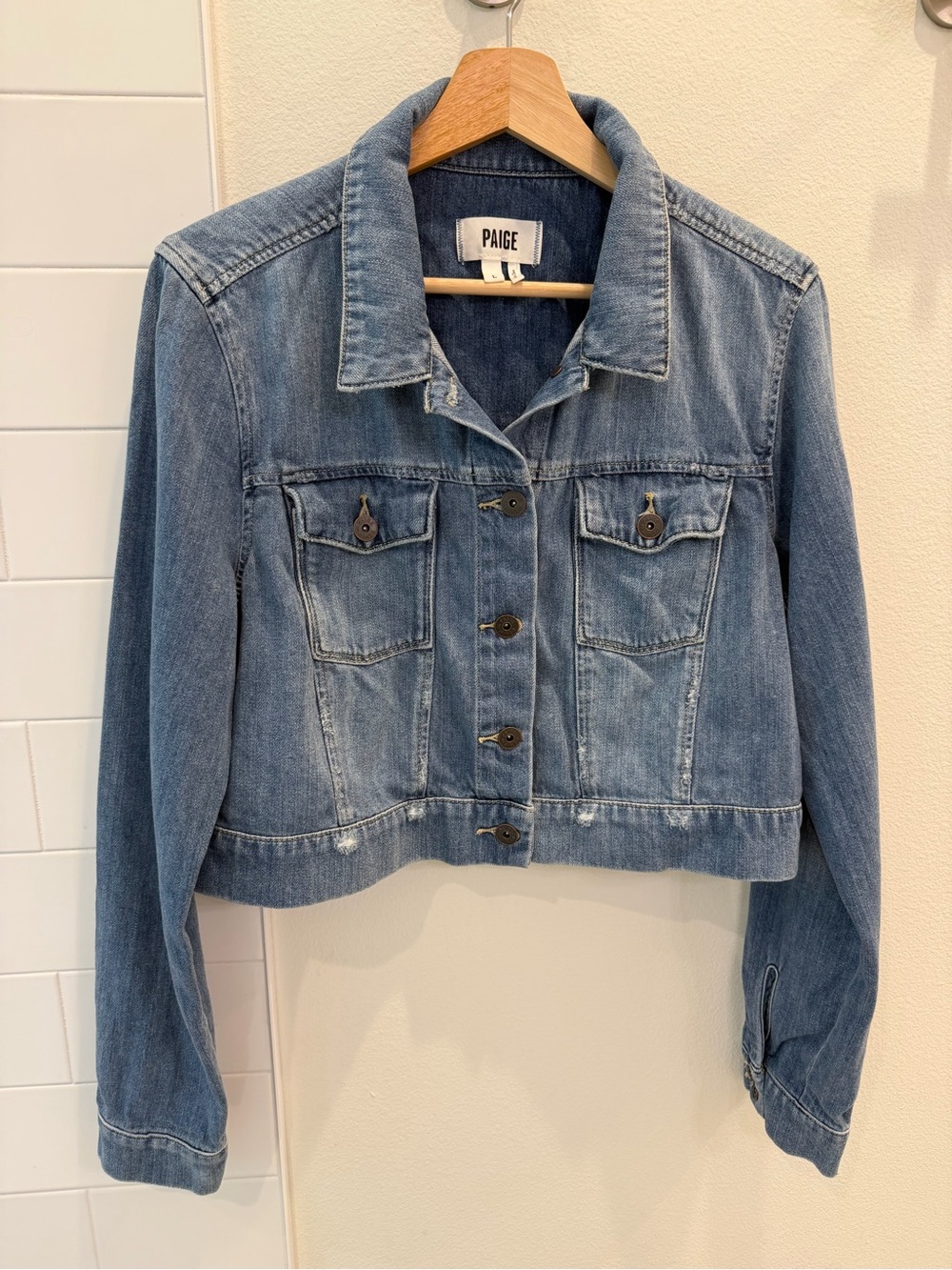 PAIGE Medium-Wash Blue Denim Cropped Jacket